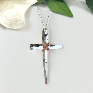 Rugged Cross Necklace, unisex, handmade, up-cycled, hammered, mixed metal