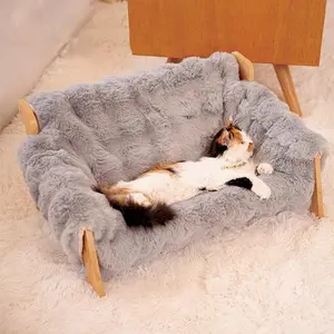 Modern Elevated Cat Bed Sofa, Fluffy Washable Dog Bed with Solid Wood Frame, Luxury Anti-Anxiety Pet Couch for Small Dogs & Cats, Stylish Pet Furniture for Home Decor