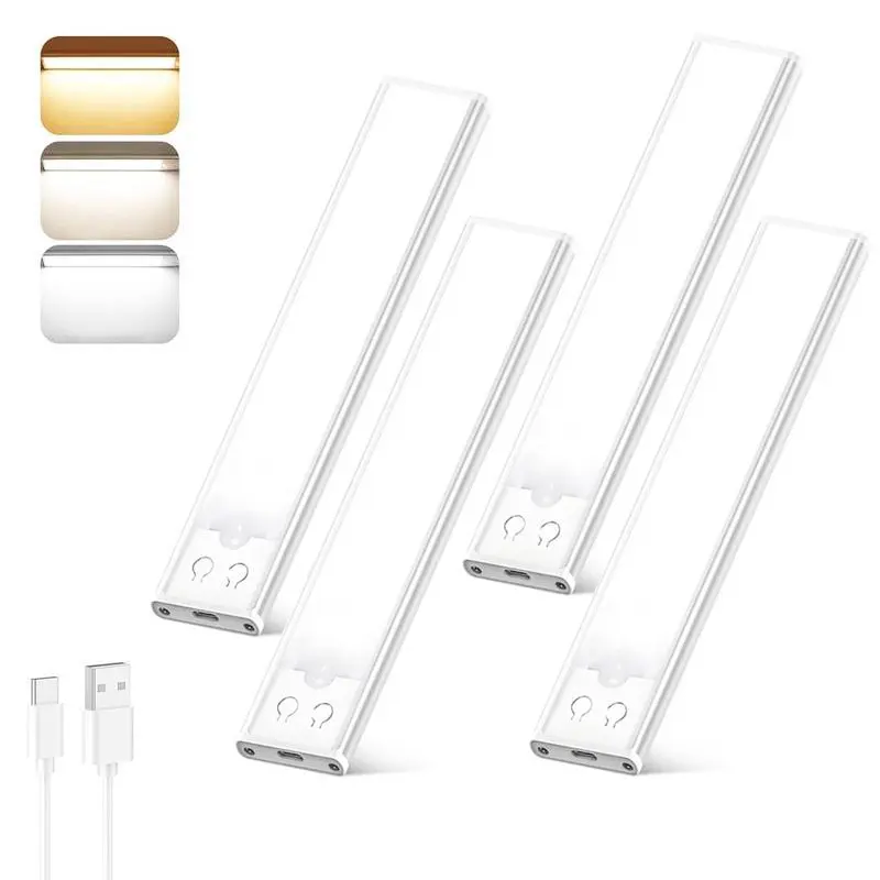 4-Pack Under Cabinet LED Lights with Motion Sensor - 30 LED, 2 Working Modes, USB Charger, 1000mAh, 3-4h Fast Charge, Magnetic Mount, Auto Shut-Off, Eye-Care Gradual Brightness, Warm White & Natural Light for Indoor Use (Closet, Kitchen Counter)