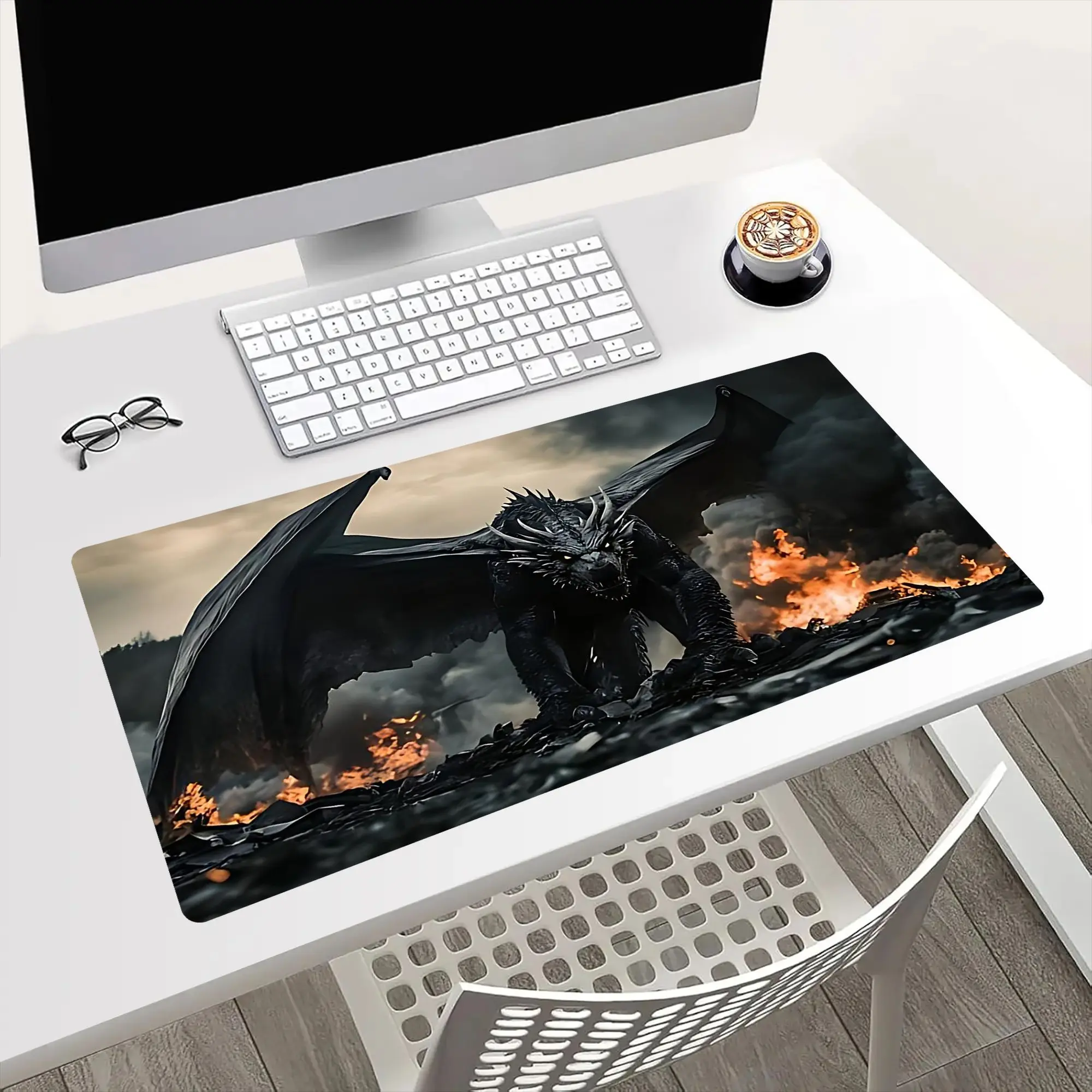 Large Gaming Mouse Pad Cool Fire Dragon Print Extended Desk Mat Non-Slip Base Keyboard Pad for Home Office