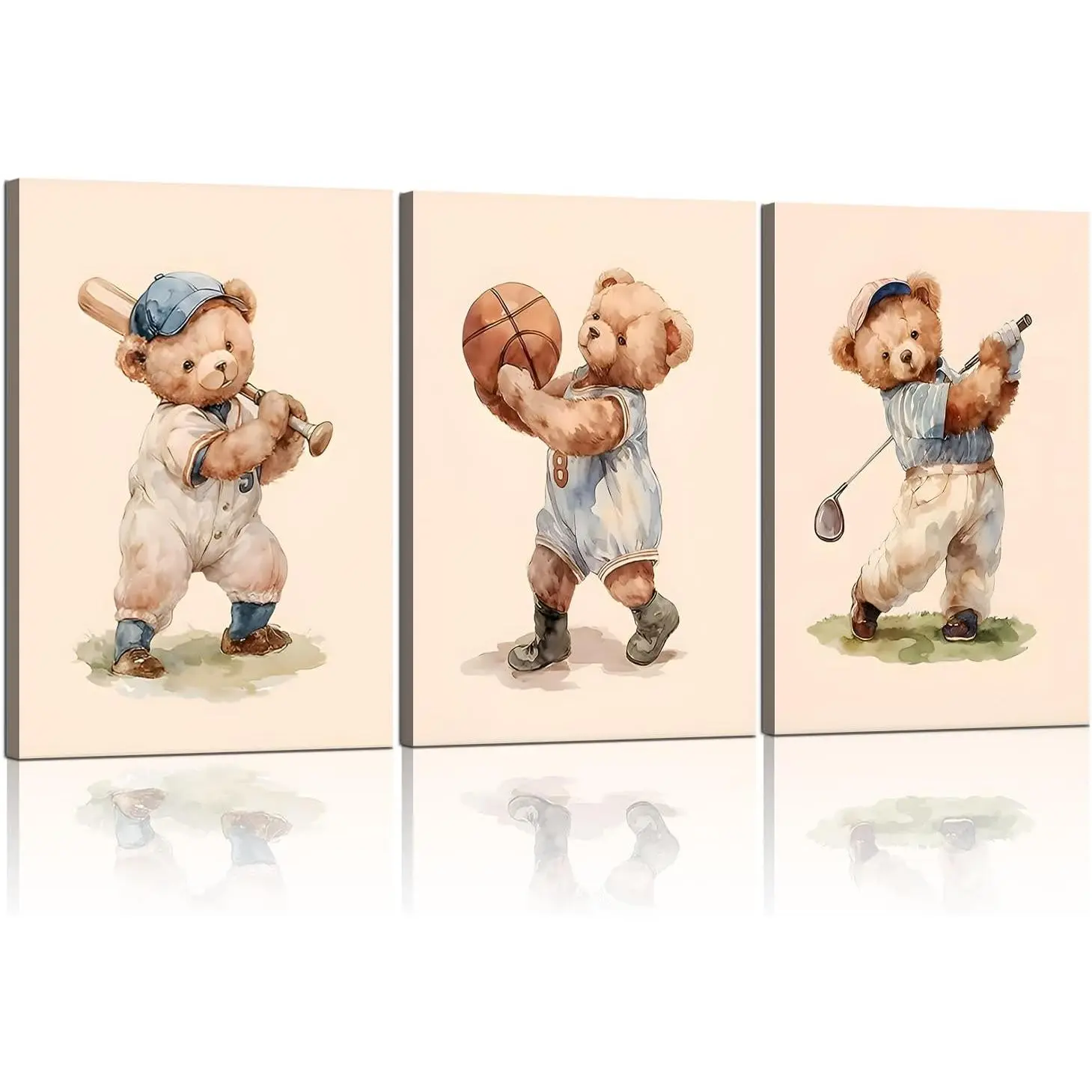 Artistic Teddy Bear Sports Canvas Wall Art - Cute Animal Rugby, Basketball, Baseball Nursery Decoration for Boys' Kid Room, 12x16in Vintage Hanging Home Decor Poster Prints (Great for Mother's Day Gifting), Animals, Childrens Day