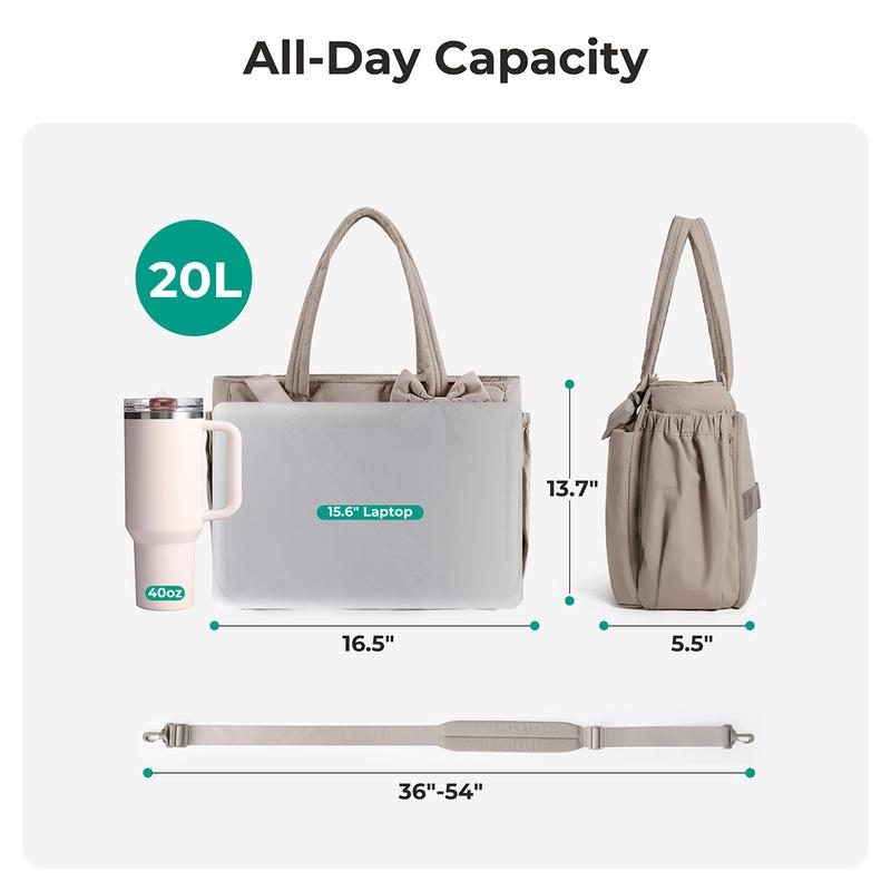 BAGSMART Crush Bow Tote Bag for Women 15.6" Laptop Friendly Lightweight Puffy Handbag with Removable Bow & Multiple Compartments for Travel Work Beach Gym 20L Capacity