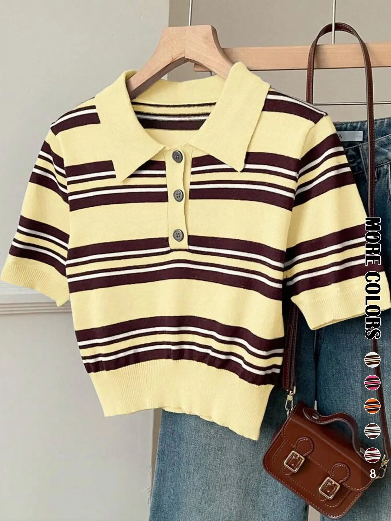Summer Fashion Casual Everyday Breathable Striped Colorblock Button Polo Neck Short Sleeve Pullover, Elegant Versatile Knit Top, Womenswear, Knitwear, Knitted Polo Shirt