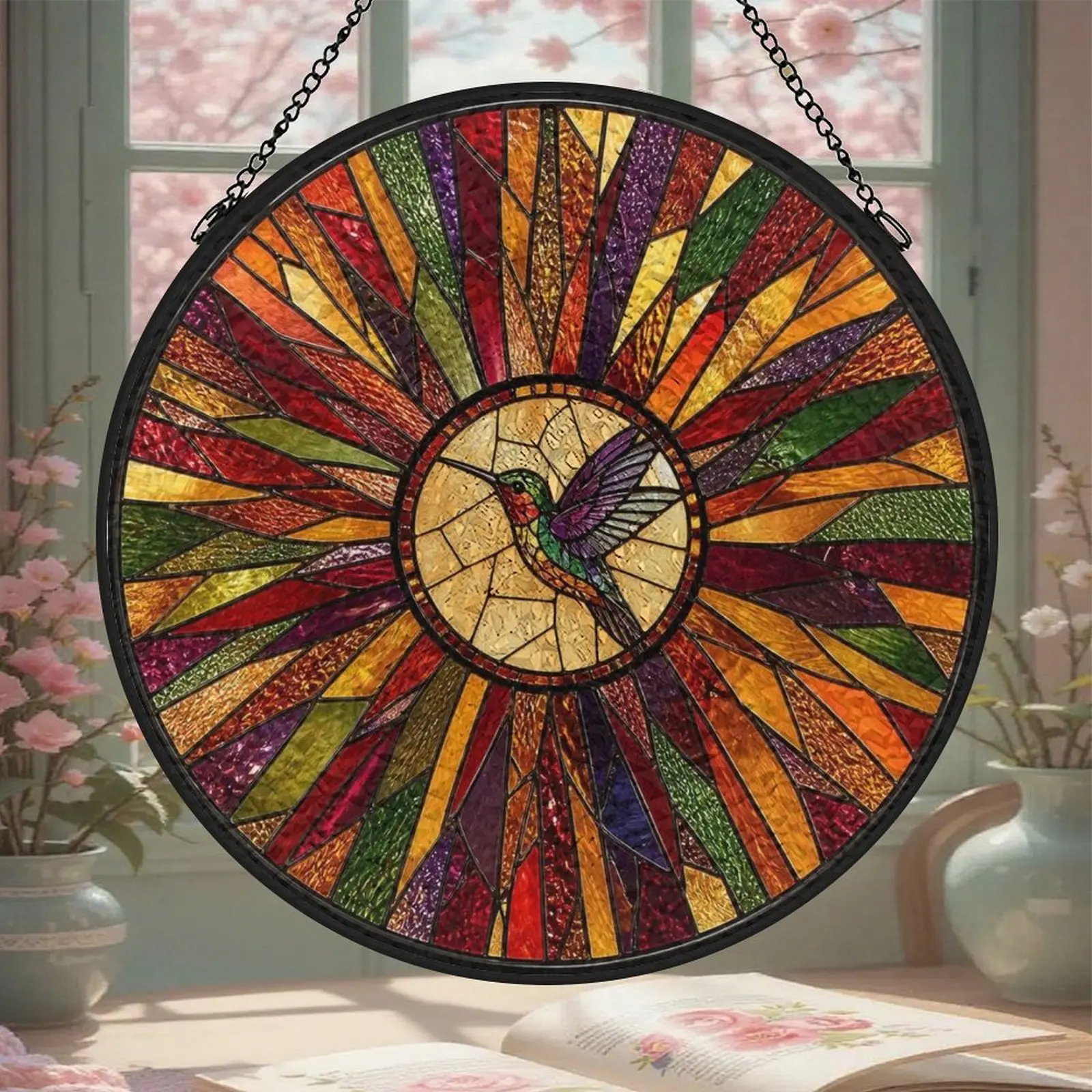 Ruby Hummingbird Stained Glass Suncatcher, Radiating Geometric Window Hanging, Cottagecore Sun Catcher, Botanical Bird Wall Decor, Nature Lover Gift for Her Reflective Gear