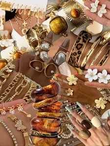 Vintage Fashion Elegant Jewelry Set, 98pcs/68pcs/34pcs/5pcs, Rhinestone Flower Ring Y-Necklace Resin Bracelet Geometric Earrings, Fashionable Jewelry Set