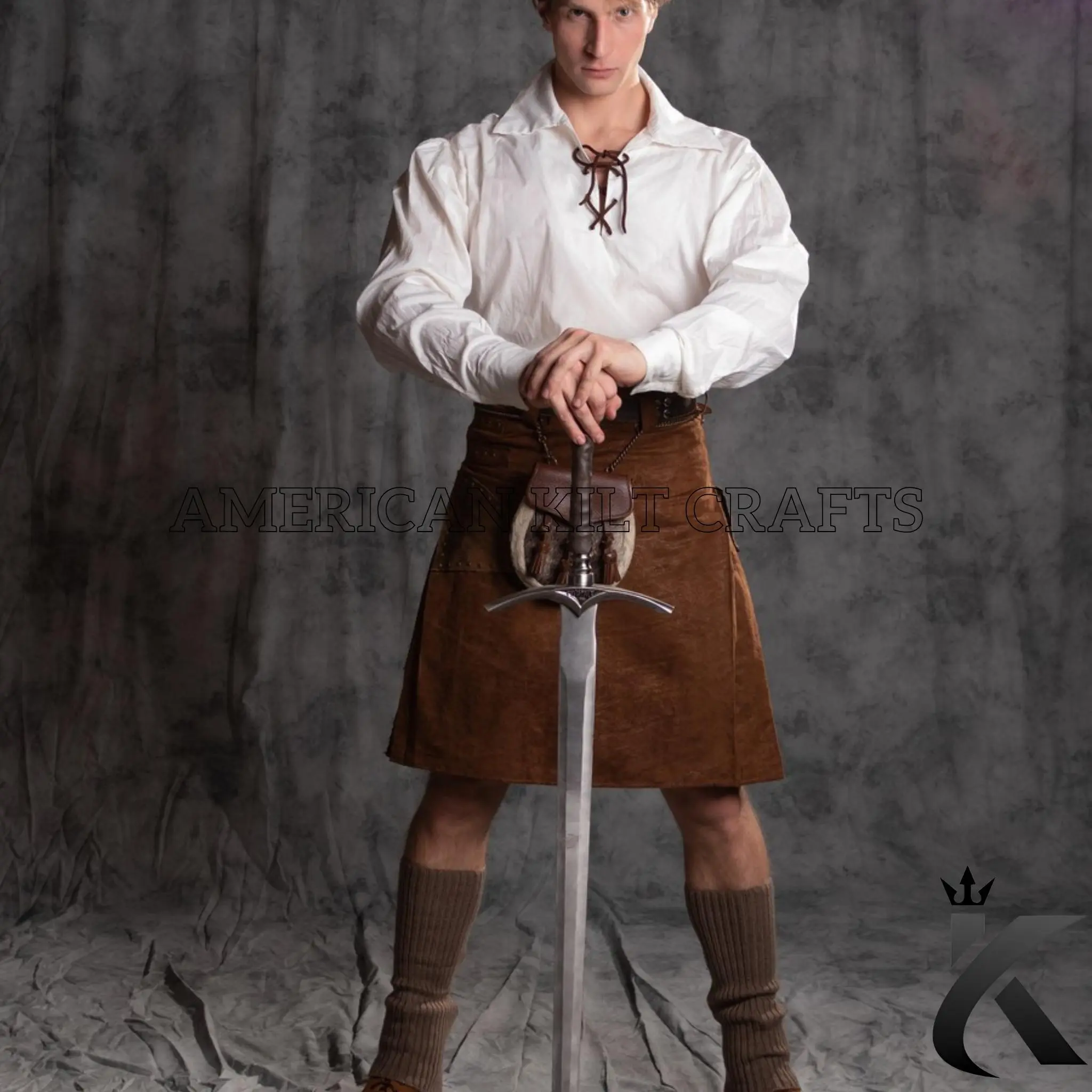 American Kilt Craft Handcrafted Leather Kilt for Festivals Premium Quality with Sporran Costume Classic Menswear Fitted Overall Pants Plain Pattern Embossed Designs