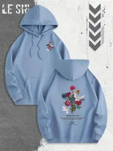 Men's Kangaroo Pocket Hoodie with Drawstring Cap, Comfortable Fitted Casual Streetwear, Breathable Material, Floral Print, Fall & Winter Fashion