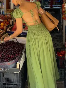 Women Sexy Backless Holiday Wear Maxi Dress Solid Tie Vacation Beach Wear Puff Sleeve Summer Dress Backless Dresses