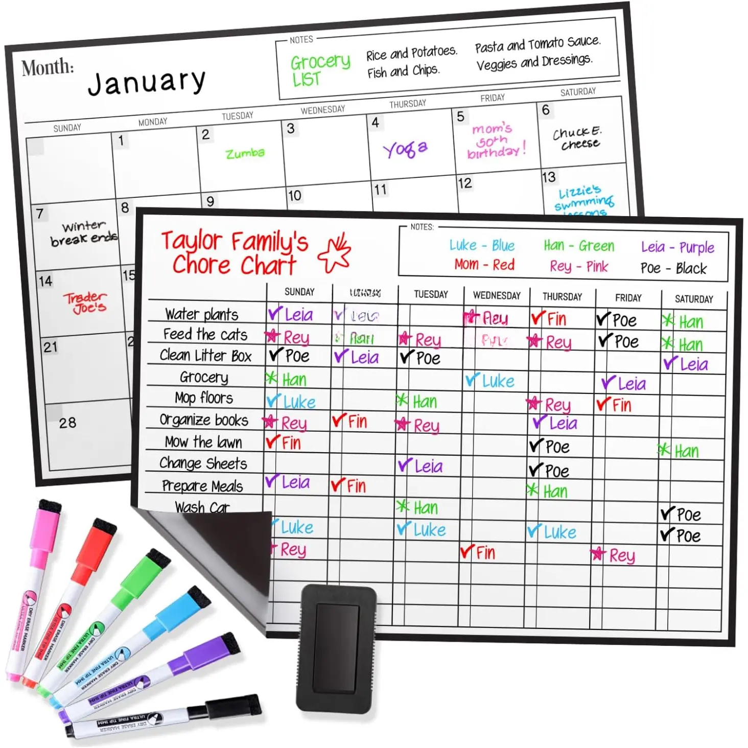 Cinch  Dry Erase Calendar  Chores Chart for  Bundle for Fridge: 2 Boards Included 17"x12", 6 Fine Tip Markers  Large Eraser w/, Chore Chart  Board for  and Adults