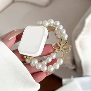 1PC fashionable pearl+metal bow Apple Watch bands, compatible with Apple Watch 38/40/41/42/44/45/46/49mm, suitable for Apple Watch series Ultra/SE/11/10/9/8/7/6/5/4/3/2/1 (strap only, watch and case not included)