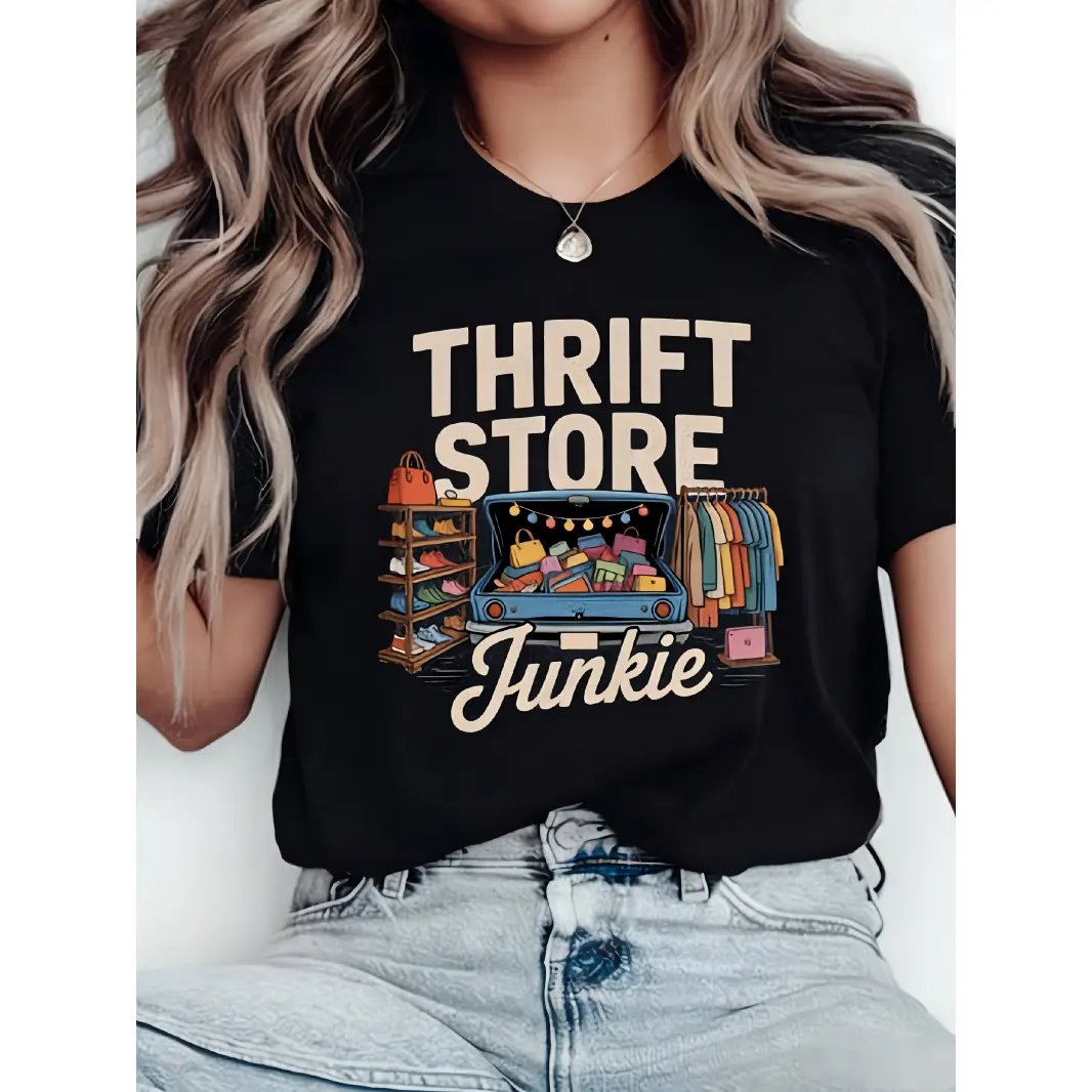 Thrift Store Junkie Graphic Tee Women Vintage Style Oversized Casual Short Sleeve Crewneck Soft Cotton Streetwear Outfit For Shopping Weekend