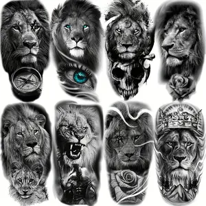 8Pcs Realistic Lion Temporary Tattoos for Men & Women - Waterproof Fake Tattoo Stickers with Tribal Eyes, Spartan Warrior, Skull & Compass Designs, Black & White Artwork for Adults