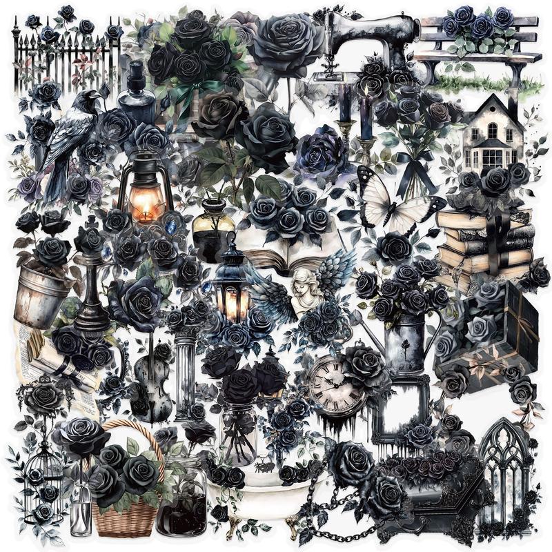 50 Pcs Gothic Dark Rose Transparent Stickers, Reusable Pet Decorative Labels, DIY Water Bottle, Notebook, Luggage, Phone Case, Tablet