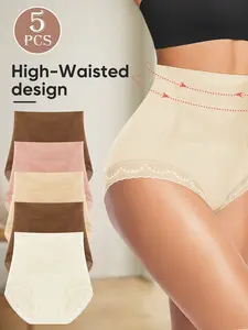 5-Pack Women's High Waist Fitted Aesthetic Underwear, Seamless Stretch Smooth Lace Trim Panties, Breathable Tummy Control Briefs for Everyday Comfort