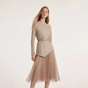 NEW GOELIA Asymmetrical Hem Top And Tulle Women Skirt With Belt Two-Piece Set Fit Clothes