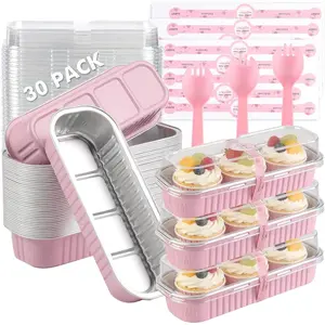 Pack Mini Loaf Cake Pan with Lids and Spoons, 6.8oz Small Disposable Aluminum Cake Tin Foil Pans, Rectangular Mini Loaf Bread Pans with Lids (Pink)