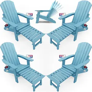Adjustable Adirondack Chair with Footrest Set of 4, 5-Level Adjustable Adirondack Chairs with Retractable Ottoman & 2 Cup Holders, Folding Adirondack Chairs for Outdoor, Pool, Fire Pit