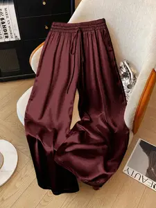 VYBE Women's Glitter Satin Wide Leg Pants, Casual Lounge Pant, Casual Comfy Baggy Loose Fit Elastic Waist Drawstring Pockets, All Seasons Fashion for Home Vacation Party Womenswear