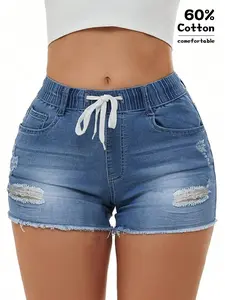 Women's High Waisted Denim Shorts, Elastic Waist Drawstring, Stretchy Distressed Ripped Design, Y2K Casual Streetwear for Summer
