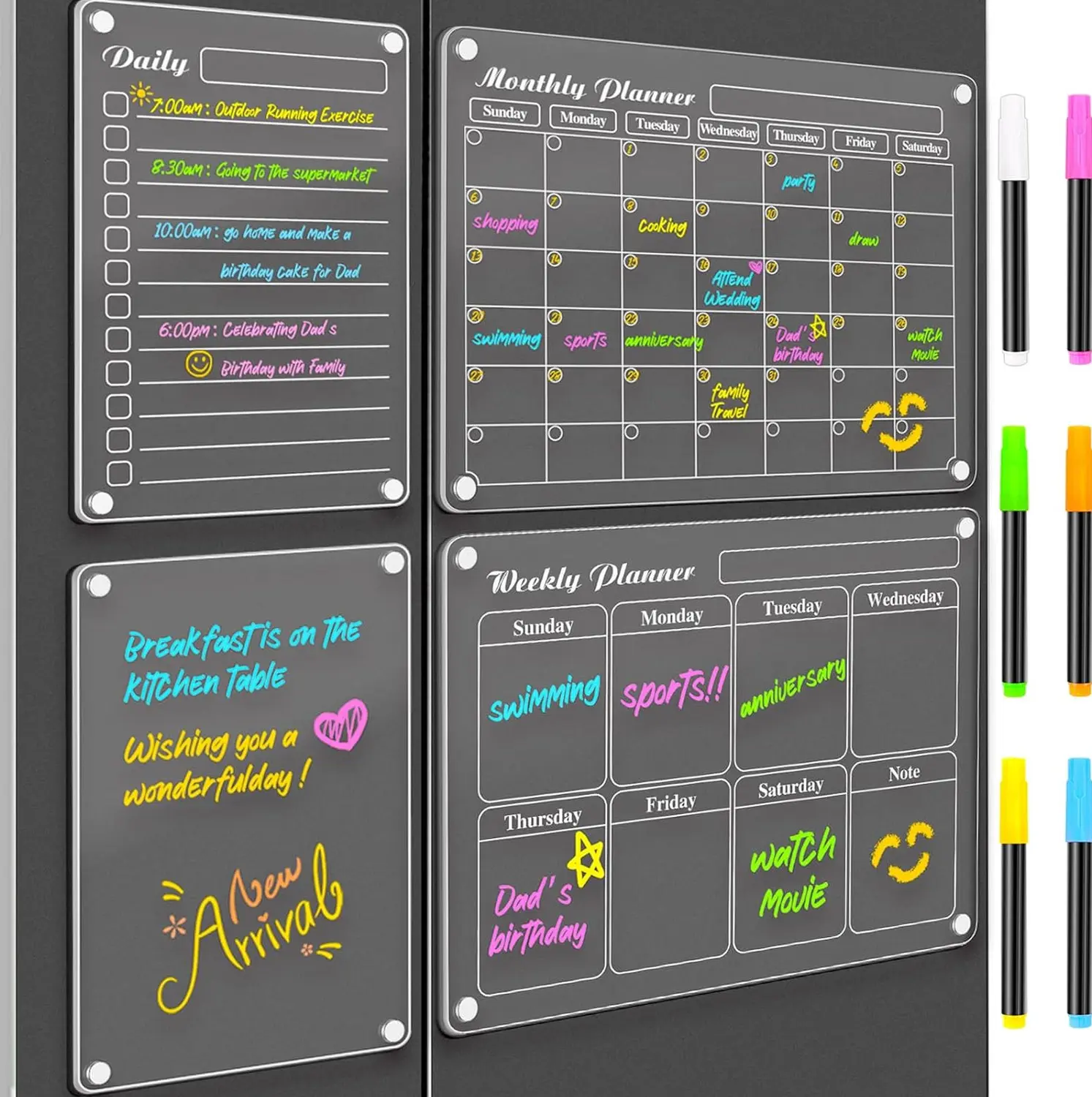 Magnetic Refrigerator Calendar Planner Set, Clear Acrylic Fridge Memo Board with 6 Color Markers, Weekly Meal Planner & To Do List for Kitchen Home Office