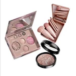 7 Color Contour Eyeshadow Blush Palette + Five Flower Powder Compact + Portable Brush Set Makeup Kit for Women & Girls