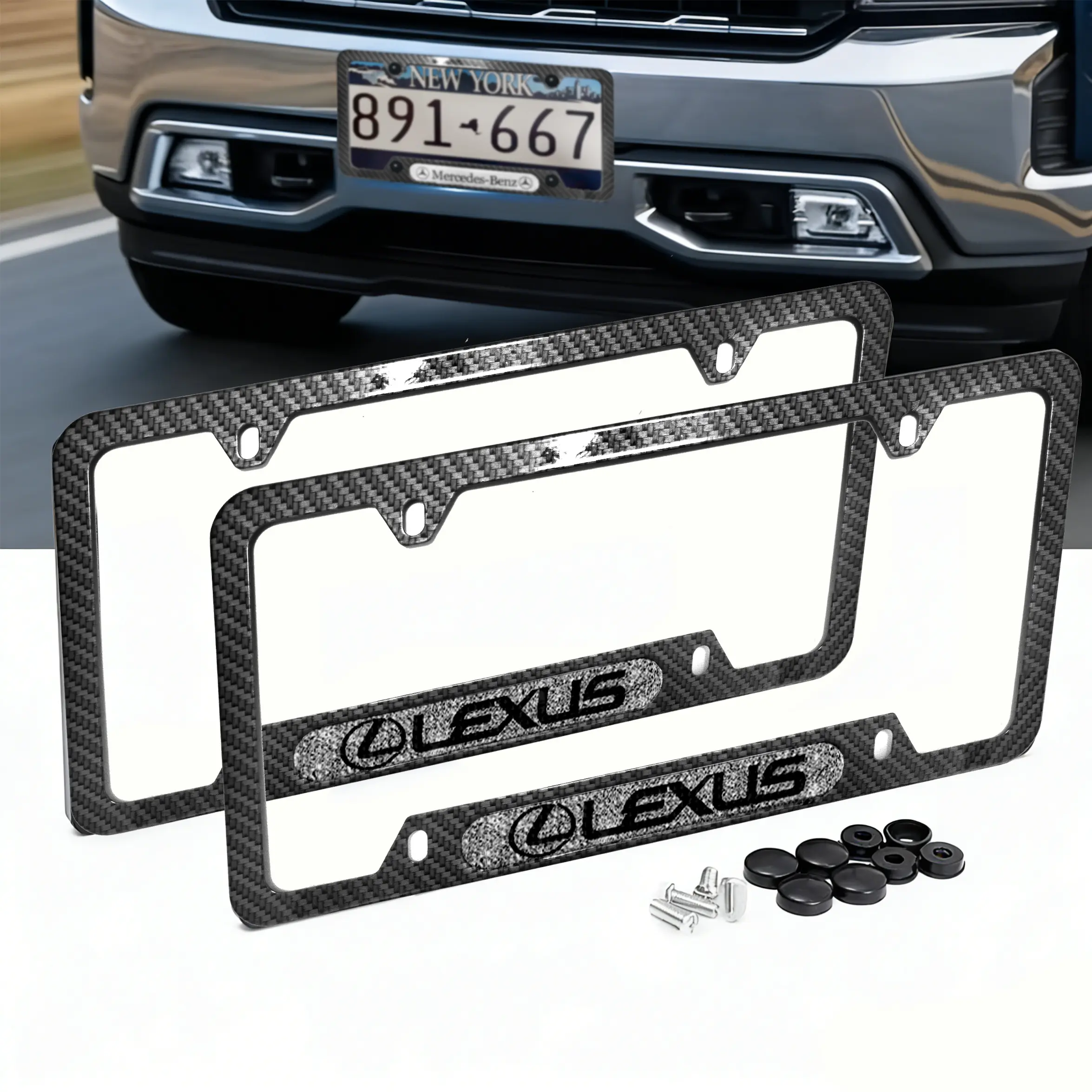 Lexus Carbon Fiber Texture Metal License Frame - Automotive Car Accessory, Sparkling Logo Auto Replacement Body & Frame Part