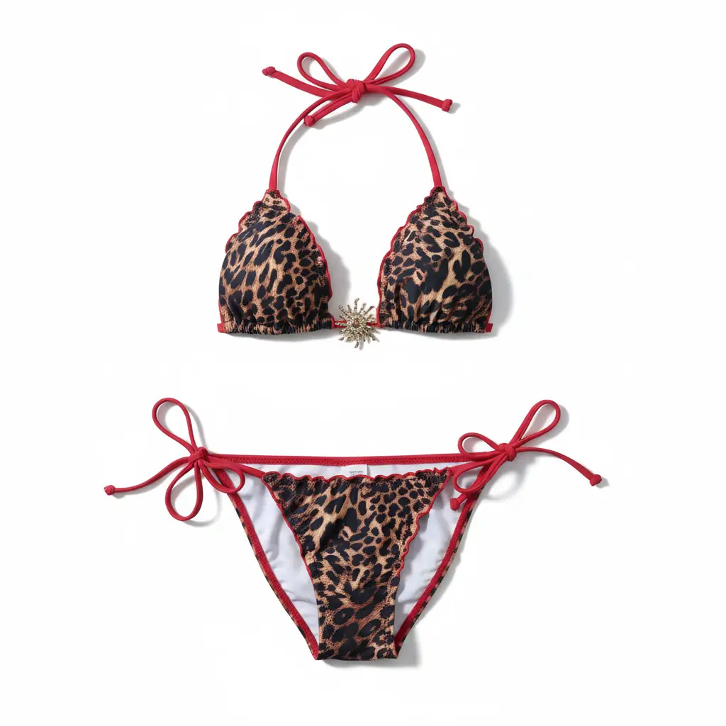 Women's 2-Piece Leopard Print Triangle Bikini Set - Adjustable Halter Top, Tie-Side High-Cut Bottom, All Over Print Animal Graphic Swimwear for Sports & Outdoor Use, All Over Print Bikini Sets, Animal Graphic Bikini Sets