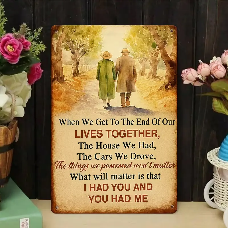 Rustic 8x12 in Metal Tin Sign - Elderly Couple Hand-In-Hand Tree Path, Romantic Love Quote, Distressed Watercolor Wall Plaque, Farmhouse Bedroom Decor, Wedding Anniversary Gift