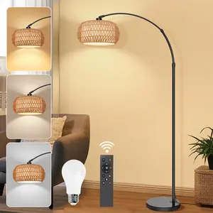 SERBASIC Boho Rattan Floor Lamp - 72.8in Modern Black Arc Tall Standing Home Lighting, Dimmable Timer LED, Hand-Worked Adjustable Rattan Shades, Wireless Decorative Home Lighting for Living Room