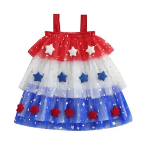 Toddler Little Girl 4th of July Outfit Star Tulle Tutu Independence Day Dress Sleeveless Strap Tiered Dresses Patriotic Pageant Clothes
