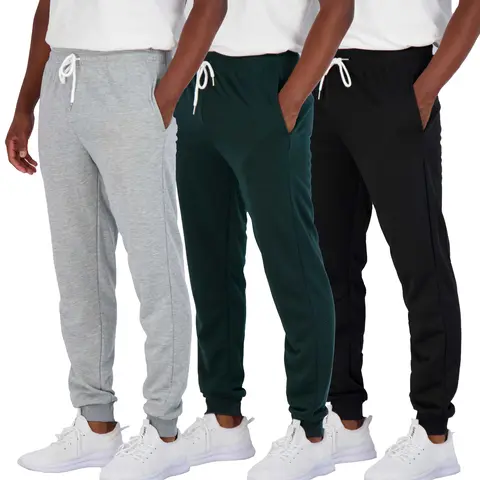 Real Essentials 3 Pack: Men's French Terry Fleece Active Casual Jogger Sweatpants with Pockets (Available in Big & Tall)