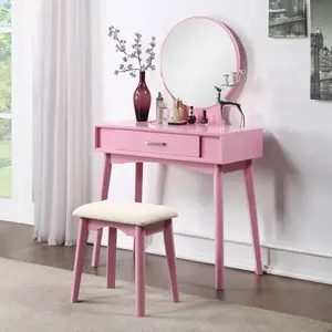 HAOYYE Maly Contemporary Wood Vanity and Stool Set, Pink Makeup Vanity Table with Storage Drawers, Elegant Dressing Table with Round Mirror and Cushioned Stool, Stylish and Compact Vanity Desk for Bedroom, Apartment, or Makeup Room