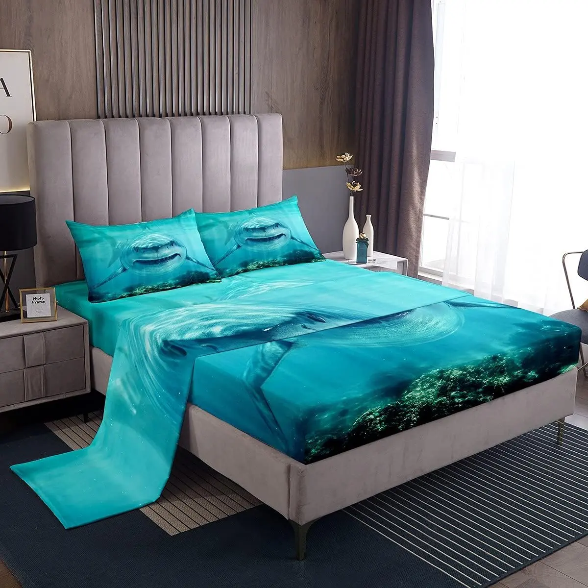Feelyou Shark Bedding Sheets - Ocean Creature All-Season Set with Deep-Pocket Fitted Sheet for Kids Teens