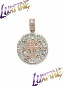 LUXFINE Iced Out Rose Gold Plated Cross Medallion Pendant Necklace, Full Cubic Zirconia Round Disc Cross Charm, Hip Hop Religious Bling Jewelry for Men Women, Streetwear Style
