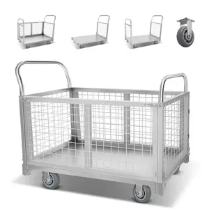 4IN1 Platform Truck Cart with Cage, 2200lbs Heavy Duty Steel Metal Platform Truck Dolly with Swivel Wheels for Industrial, Garage, and Warehouse Applications