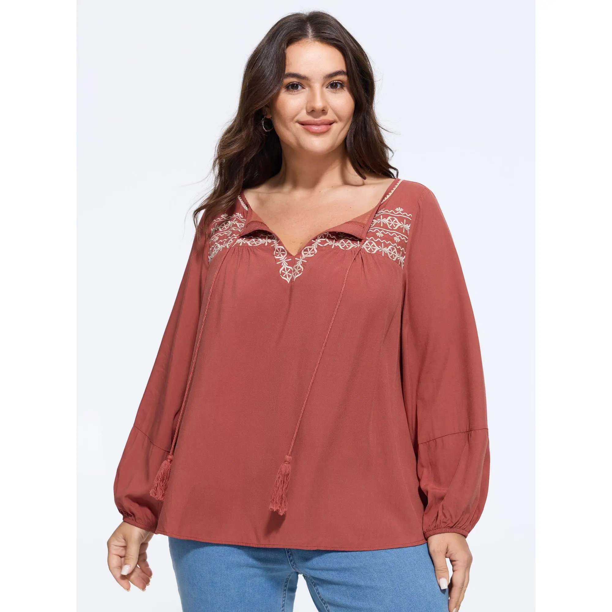 BLOOMCHIC Plus Size Supersoft Boho Embroidered Long Sleeve Blouse[M-6X] Back To School,Spotlight Day
