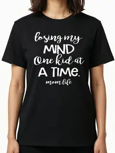 Funny Mom Life Quote T-Shirt, Losing My Mind One Kid at a Time Graphic Tee, Casual Top for Busy Moms, Mother's Day Gift