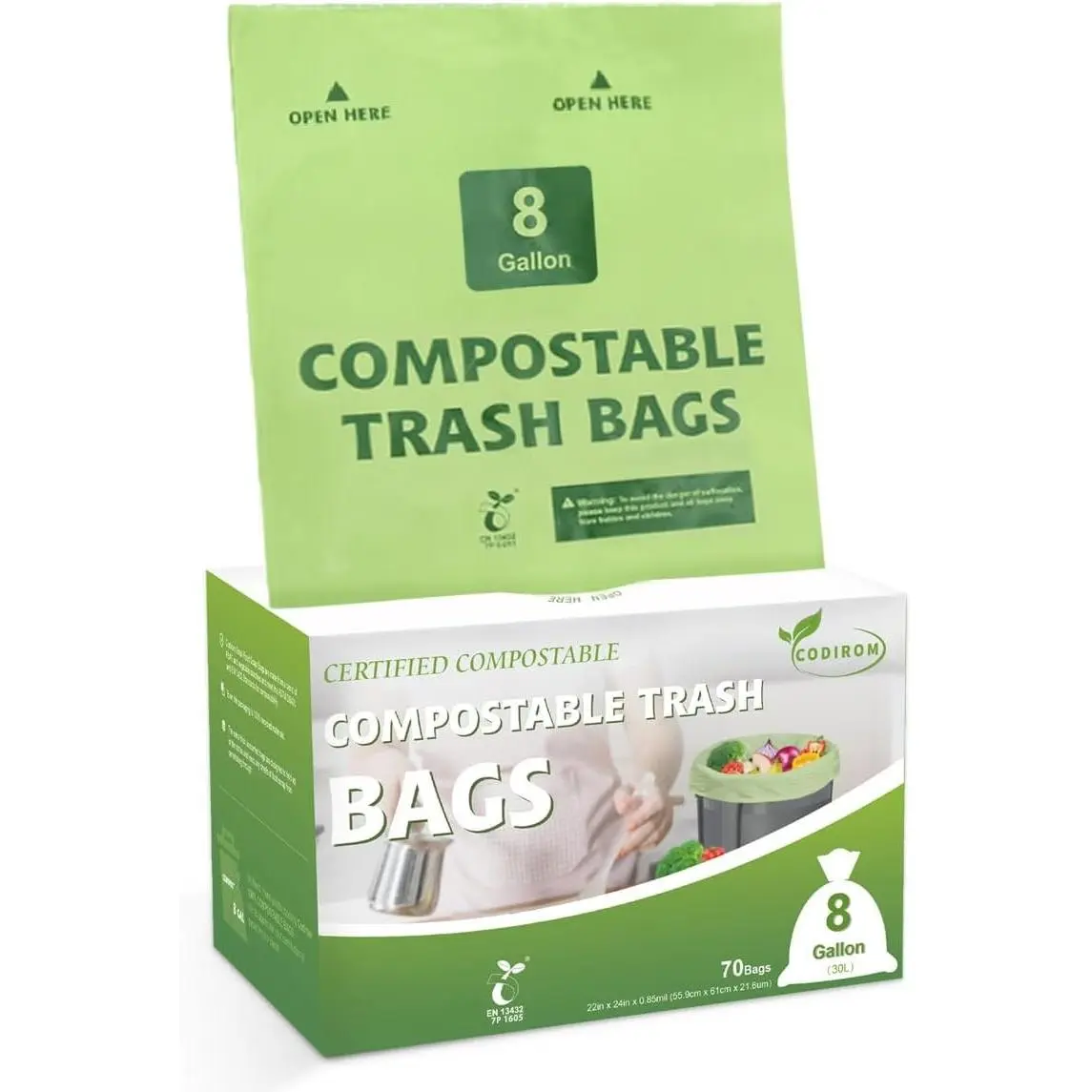 100% Compostable Trash Bags, 8 Gallon, 30 Liter, 0.85 Mils, 70 Count Large Kitchen Food Scrap Compost Bags for Kitchen Step Trash Cans with Europe EN13432 Certified