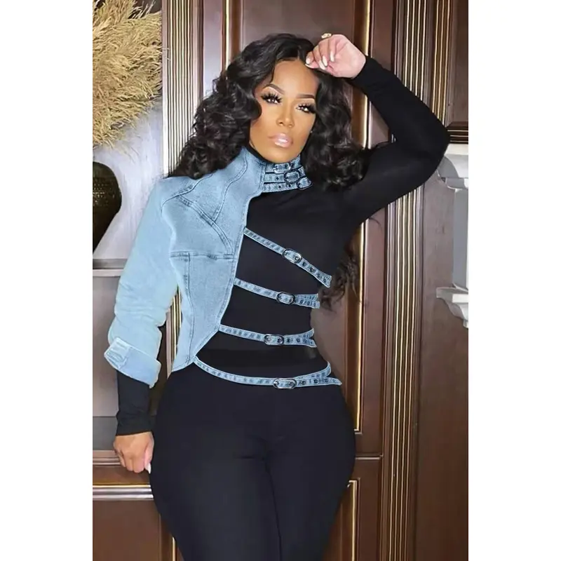 Women's Denim Casual Coat - Female Stylish Clothes, Basic Simple Style, Crew Neck, 1-Shoulder Short Design, Asymmetric Irregular Cut, Patchwork Top, Strap Detail