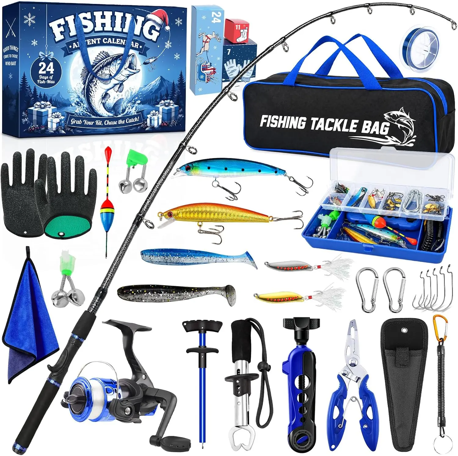 Fishing Advent Calendar 2026 for Men, 24 Days Fish ing Tackle Advent Calendar with Fish Rod, Reel, Lures, Pliers & Full Fishing Gear Set, Christmas Countdown Gift for Fishermen Anglers