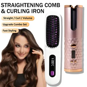 Cordless Hair Straightener Brush & Automatic Curling Iron, Fast Heating Ceramic Ionic Comb, Anti-Scald, Dual Voltage, Travel-Ready Design for Smooth Straightening or Effortless Curls