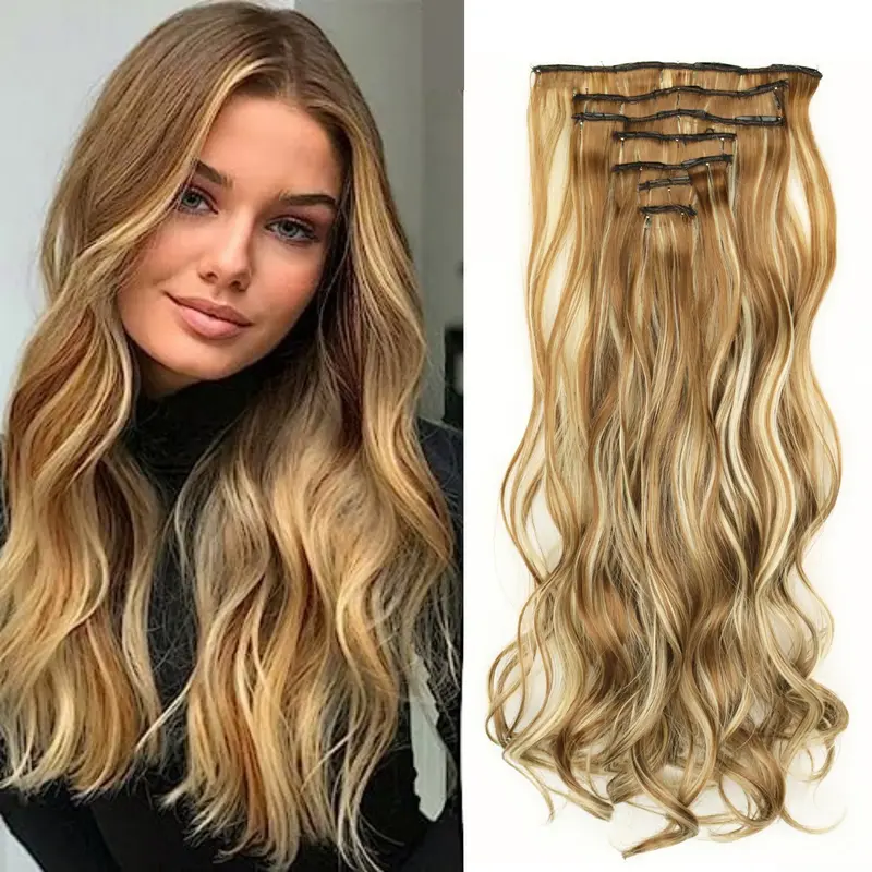 7 Piece Clip-In Hair Extensions, Quick Hair Extension, Light Blonde Highlight, Big Wave Long Curl, 24 Inch, Voluminous Synthetic Fiber, Daily Styling, Clip On Hairpieces, Hairstyle Extension
