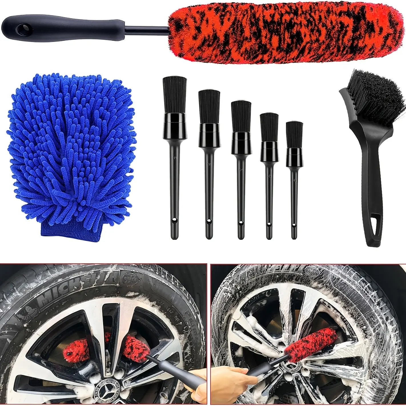 8Pcs Wheel Tire Brush Set, Wheel Brushes for Cleaning Wheels Tire Rim, Soft Wheel Cleaner Brush, Bendable & Durable Car Wheel Rim Detailing Brush for Cleaning Spokes, Fenders, Engines