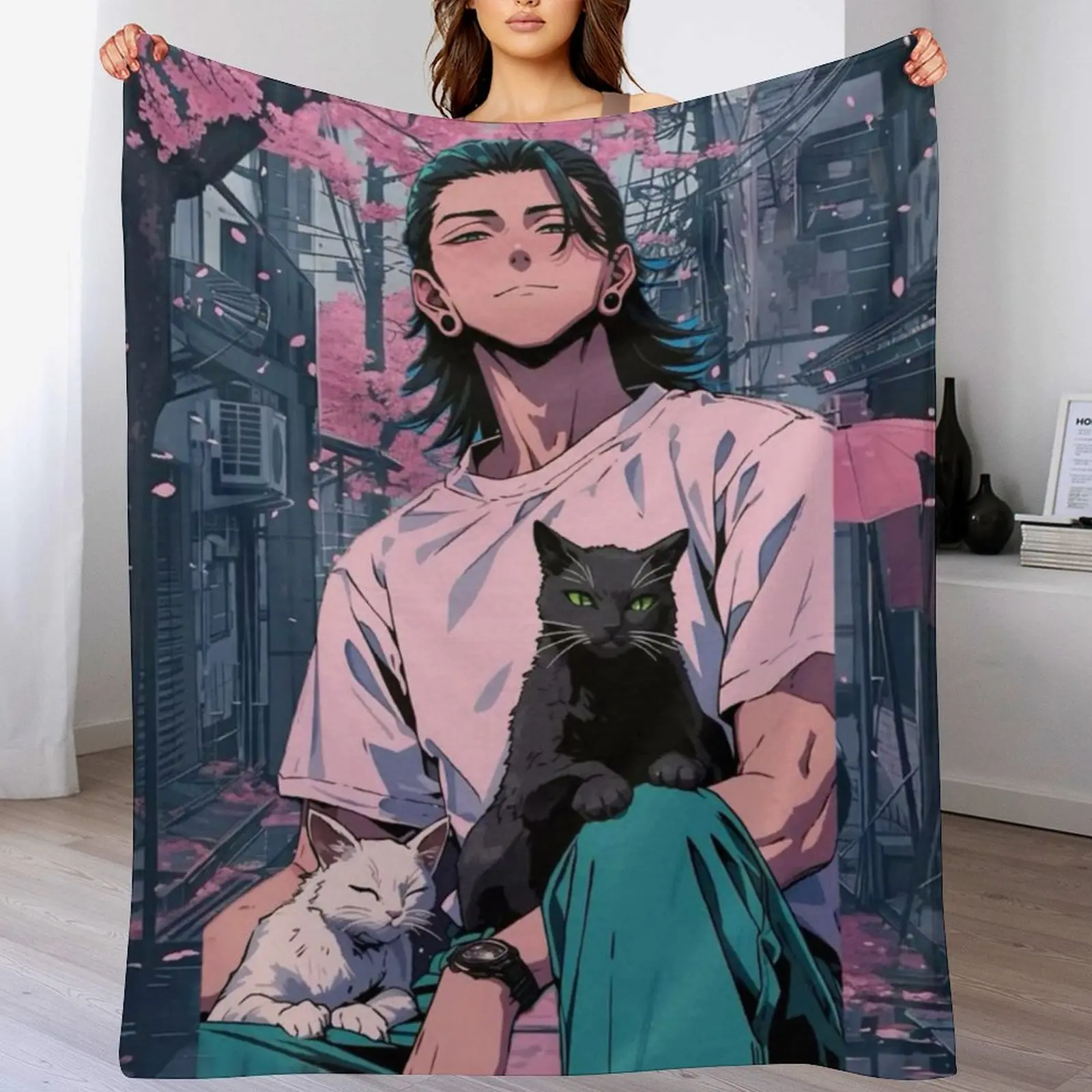 Jujutsu Kaisen Geto Suguru Cozy Flannel Fleece Cartoon Pattern Blanket - Cats & Cherry Blossoms Manga Art Hanging Decor, Home Supplies for Couch - Decorative Bedroom Blanket, Ideal Anime Fan Gift, Cozy Blanket Throw