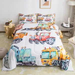 Excavator Comforter Set,Retro Truck Down Comforter,Tractor Machinery Construction Vehicle Bedding Set,Crane Digger Mixer Quilted Duvet