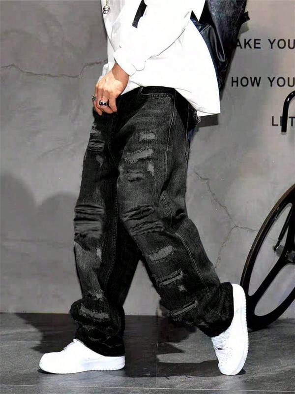 Men's Korean Style Casual Patched Ripped Wide Leg Jeans, Loose Fit Straight Tube Pants, Trendy Cool Design, All Seasons