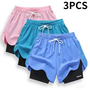 3-pack women’s summer shorts: double-layer faux two-piece mid-length knit pants made from polyester–spandex fabric; breathable, quick-drying compression base layer shorts with elastic waistband drawstring and side mesh pockets; suitable for fitness traini