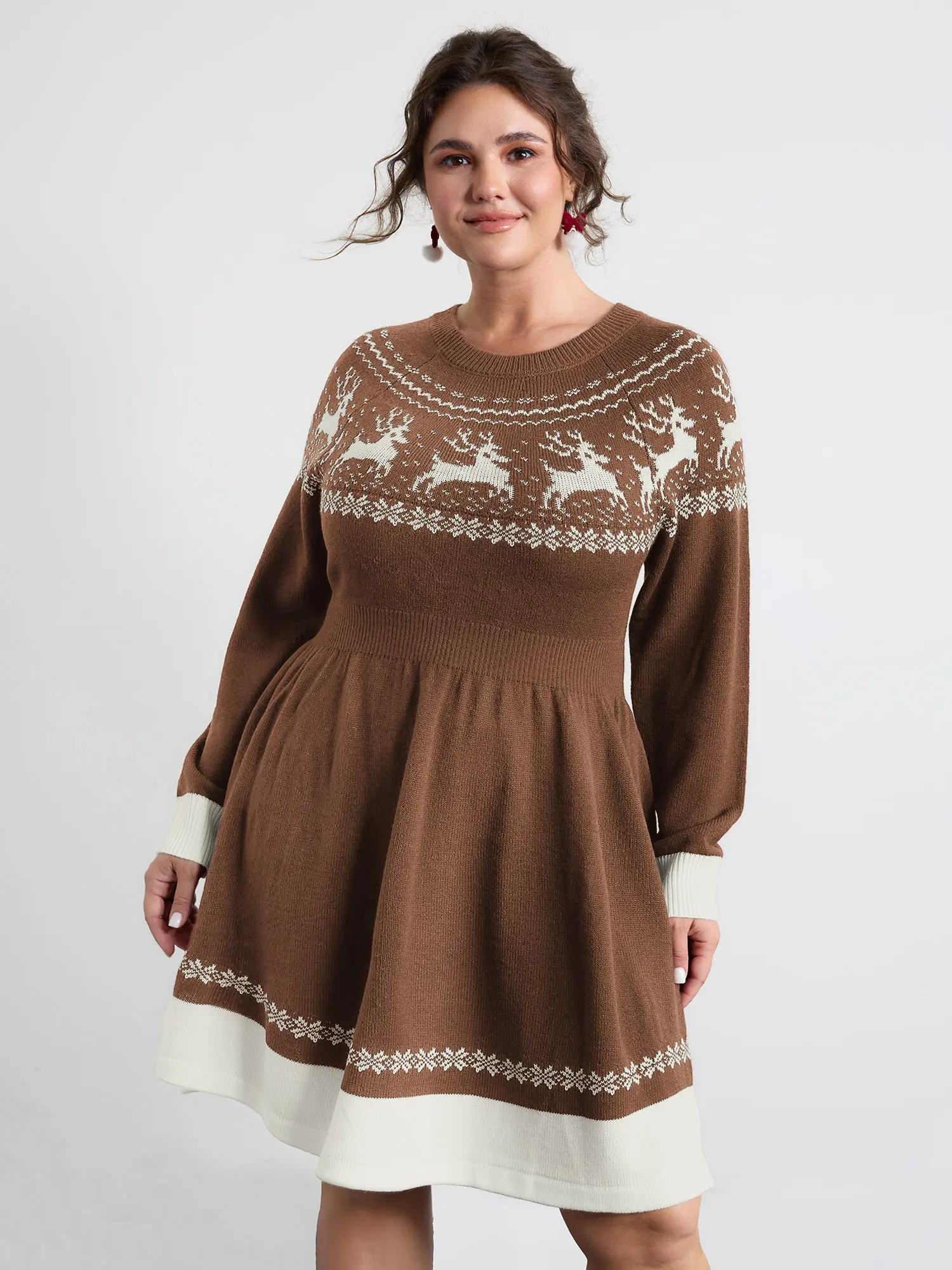 BloomChic Women's Plus Size Christmas Reindeer Print Bodycon Sweater Dress, Cinched-Waist 100% Acrylic Knit, Hand Wash Recommended, Flat, Fabric, Casual, Lady, Low Iron, Sleeve, Everyday, Fit, Round Neck, Simple, Breathable, Mini, 14–16 / 1X