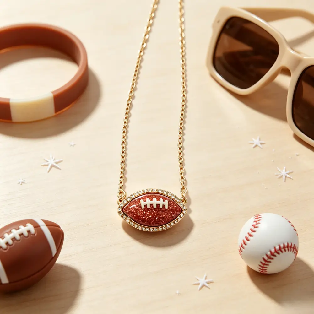Red Football Pendant Necklace - Football Fashion, Vintage Crimson & Etched Gold Metal Coated Link Chain, Game Day Gift for Moms & Dads, Sports Costume Jewelry Accessory