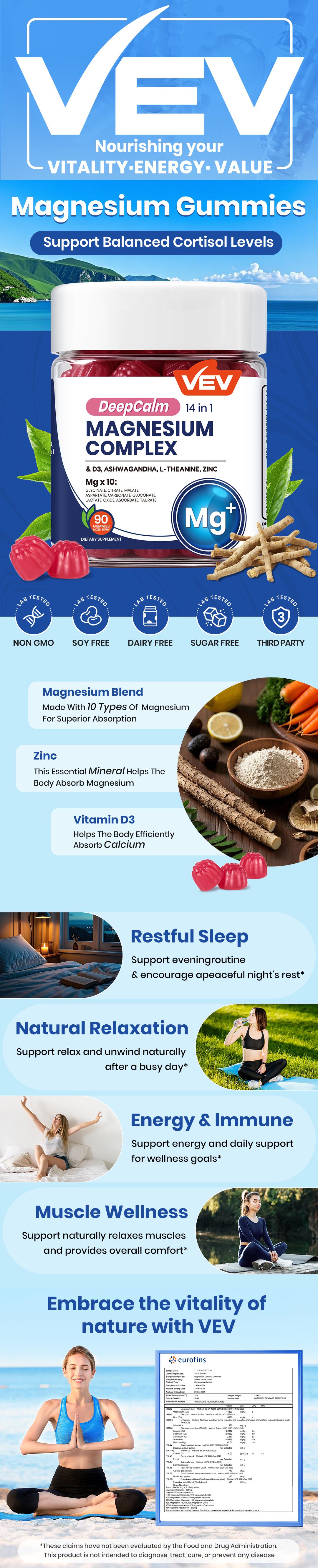 VEV Magnesium Gummies, DeepCalm 14-in-1 Multi-Minerals Complex with Ashwagandha, L-Theanine, D3 & Zinc, Brain Supporting Supplement, 90 Count, Prop 65 Safe
